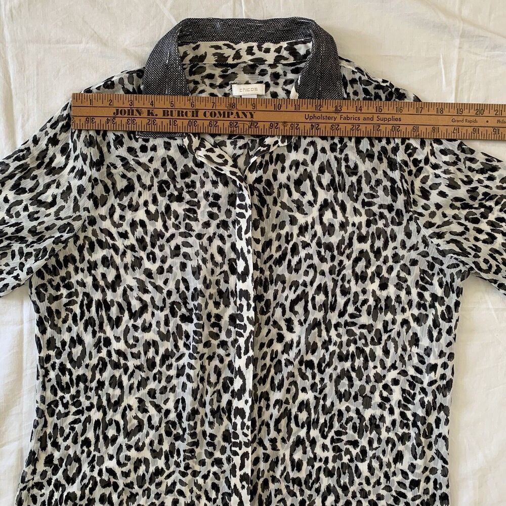 Chicos Chiffon Button Up Blouse Large Sheer Leopard Cheetah Mob Wife Glam Chic - Picture 9 of 16
